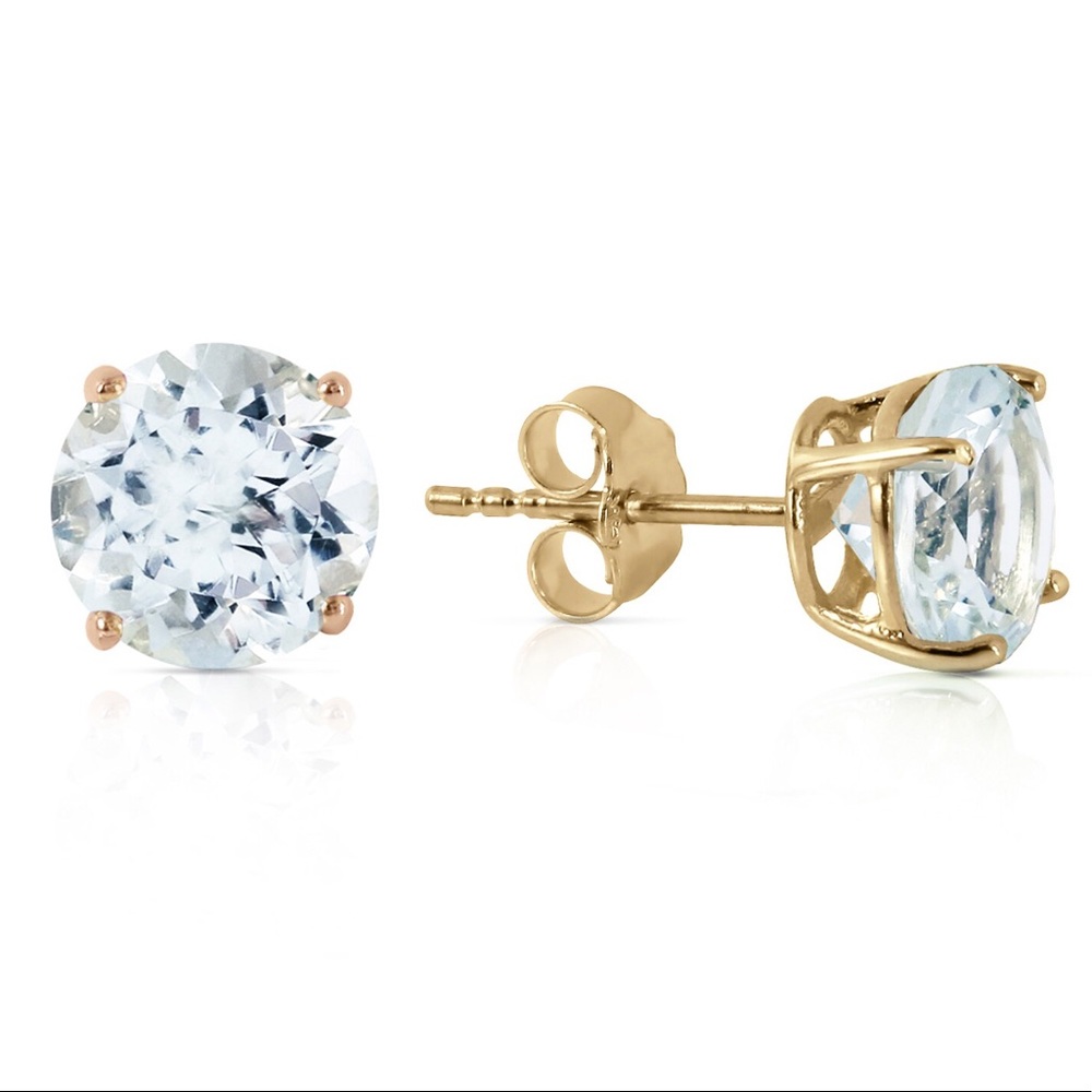 14K. GOLD STUD EARRING WITH NATURAL AQUAMARINES - Picture 1 of 3